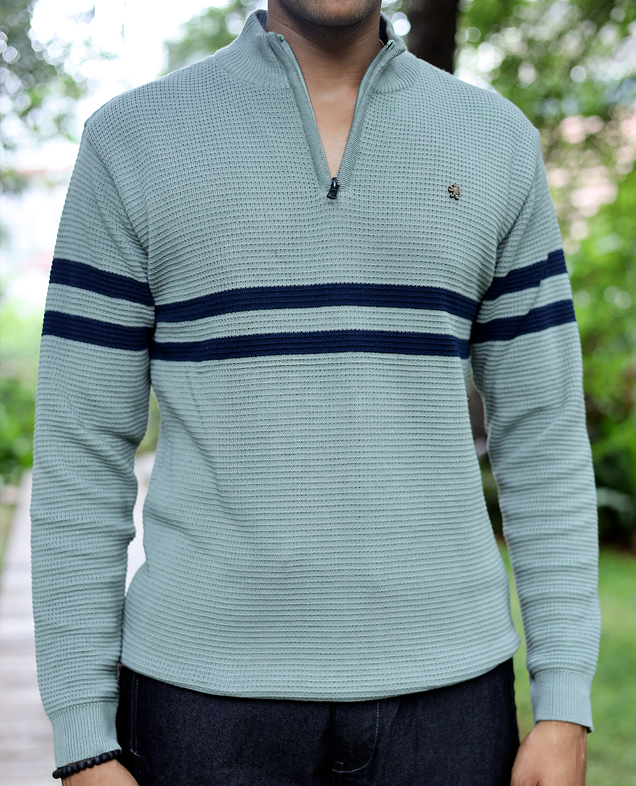 Green Striped Cotton-Blended T-Shirt Features Full Sleeves, a Slim Fit, a High Crew Neck, and a Regular Length