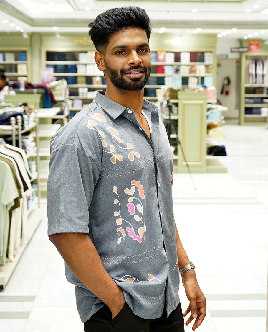 Dark Grey Cotton-Blended Casual Shirt Features Floral Print, Full Sleeves, a Spread Collar, a Slim Fit, and a Regular Length