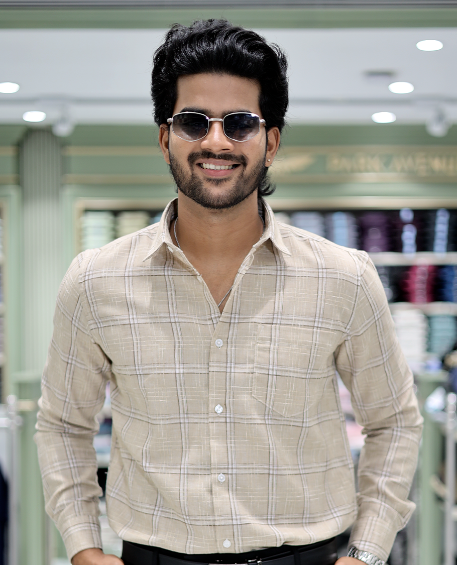 Beige Checked Cotton Casual Shirt