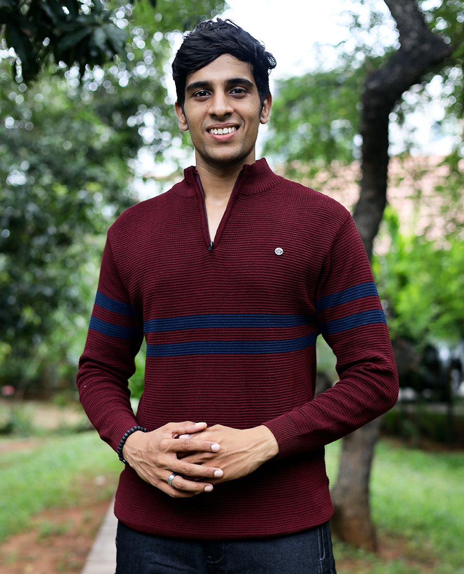 Maroon Striped Cotton-Blended T-Shirt Features Full Sleeves, a Slim Fit, a High Crew Neck, and a Regular Length
