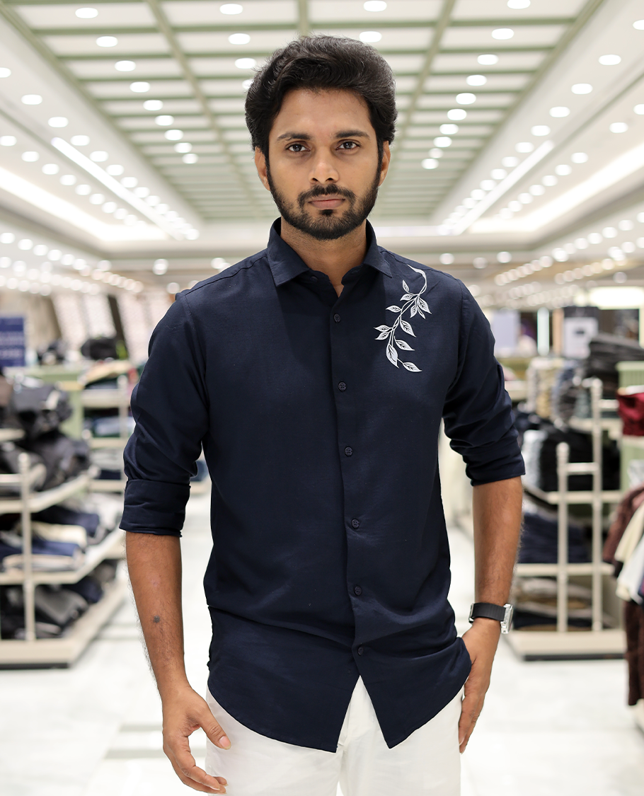 Navy Cotton-Blended Party Wear Shirt, Comes with Floral Print, Full Sleeves, a Spread Collar, a Slim Fit, and Regular Length
