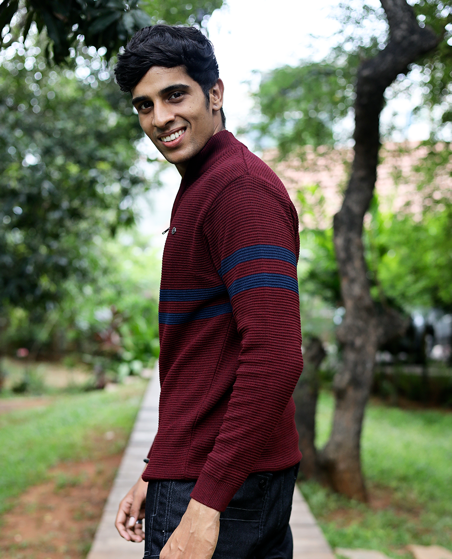 Maroon Striped Cotton-Blended T-Shirt Features Full Sleeves, a Slim Fit, a High Crew Neck, and a Regular Length