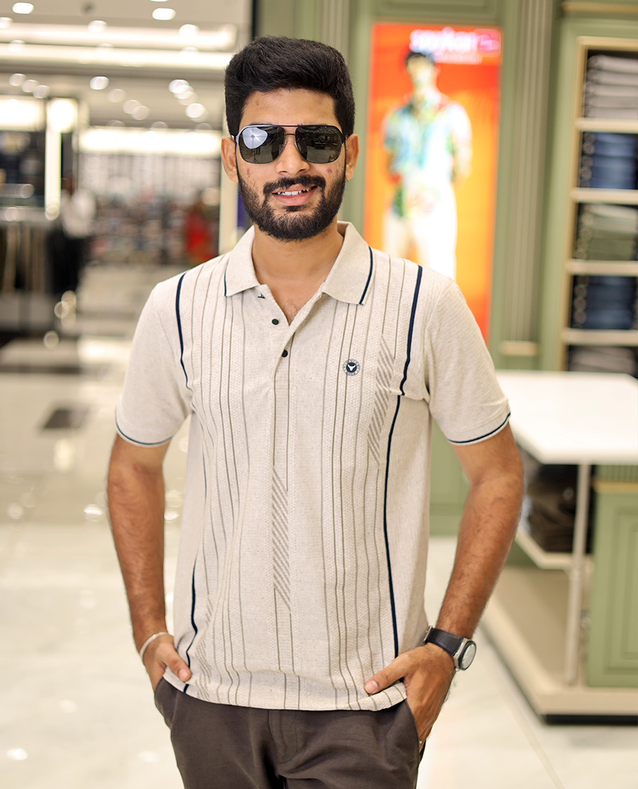 Cream Striped Cotton-Blended T-Shirt Comes with Half-Sleeves, a Polo Neck, a Slim Fit, and Regular Length