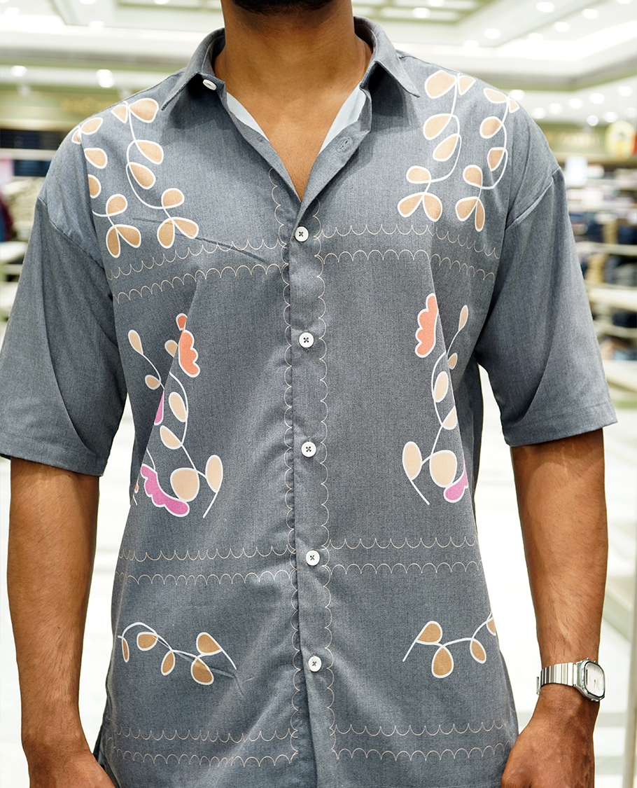 Dark Grey Cotton-Blended Casual Shirt Features Floral Print, Full Sleeves, a Spread Collar, a Slim Fit, and a Regular Length