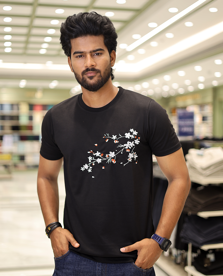 Black Cotton-Blended T-Shirt Comes with Floral Embroidered Motifs, Half-Sleeves, a Crew Neck, a Slim Fit, and Regular Length