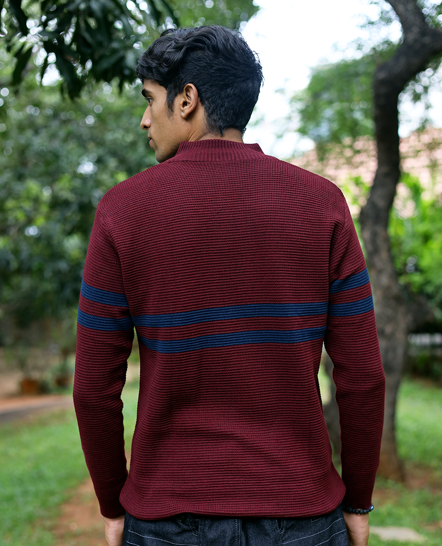 Maroon Striped Cotton-Blended T-Shirt Features Full Sleeves, a Slim Fit, a High Crew Neck, and a Regular Length