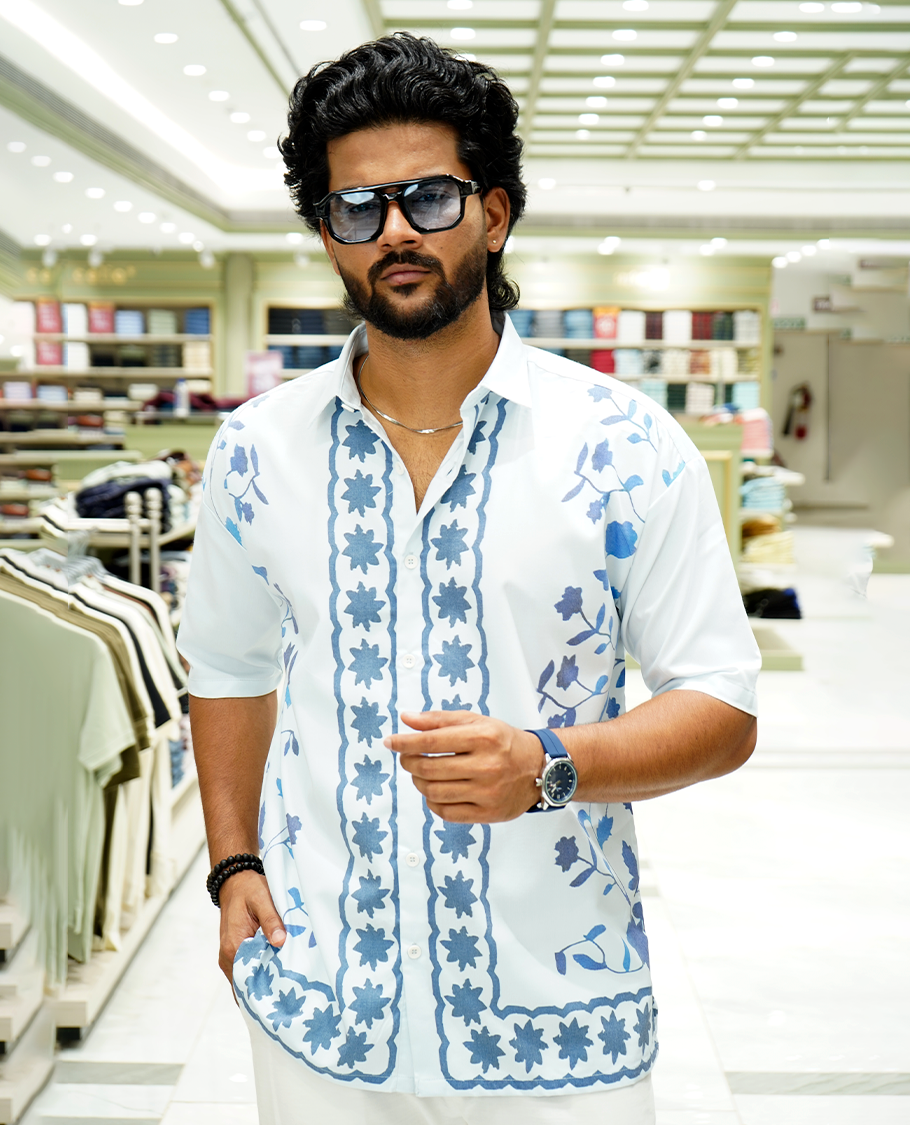 Light Blue Cotton-Blended Casual Shirt Features Floral Vine Print, Full Sleeves, a Spread Collar, a Slim Fit, and a Regular Length