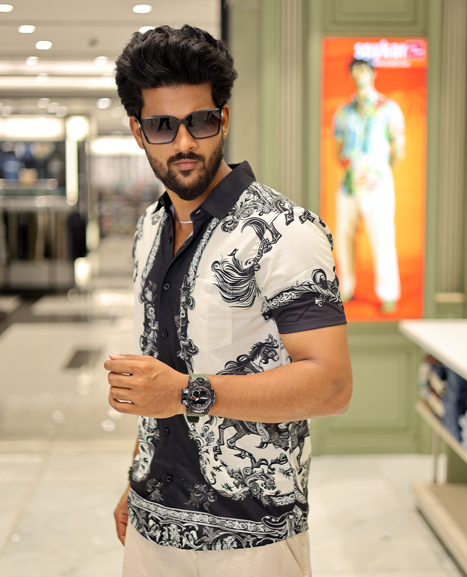 White Cotton-Blended Casual Shirt, Features Man in Mask Riding the Horse Print, Half-Sleeves, Spread Collar, Regular Fit, and Regular Length