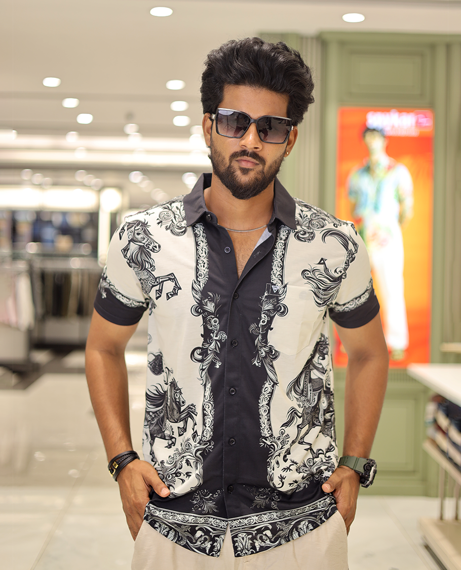 White Cotton-Blended Casual Shirt, Features Man in Mask Riding the Horse Print, Half-Sleeves, Spread Collar, Regular Fit, and Regular Length