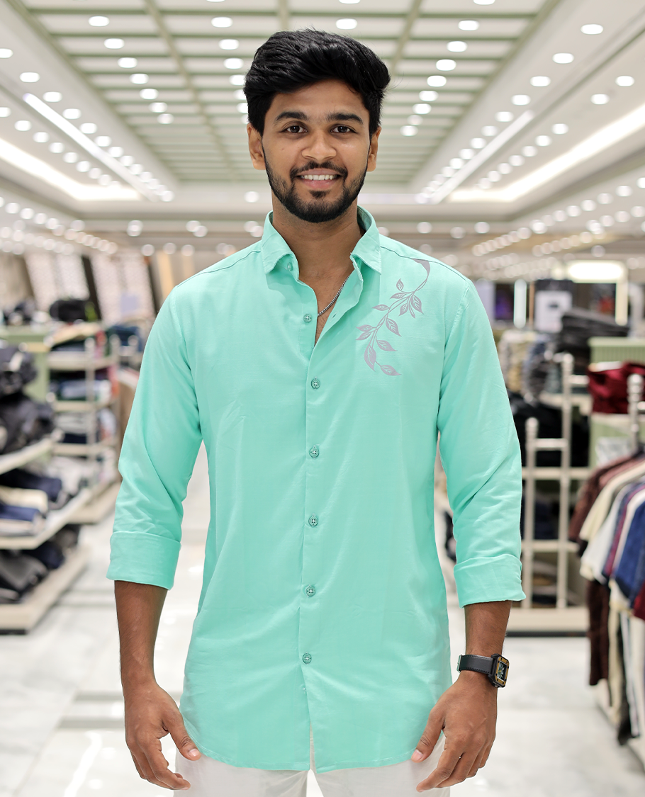 Green Cotton-Blended Party Wear Shirt, Comes with Floral Print, Full Sleeves, a Spread Collar, a Slim Fit, and Regular Length
