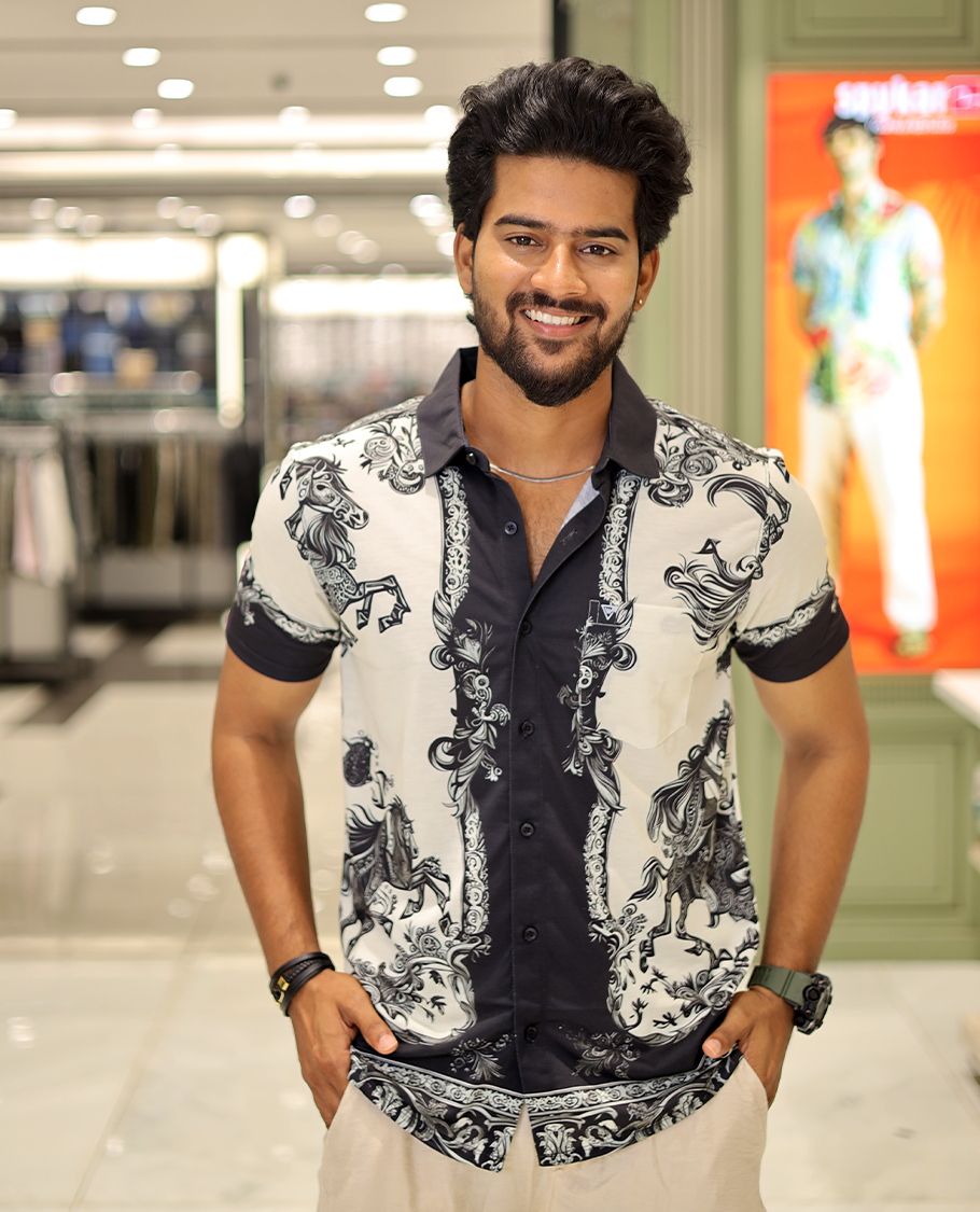 White Cotton-Blended Casual Shirt, Features Man in Mask Riding the Horse Print, Half-Sleeves, Spread Collar, Regular Fit, and Regular Length