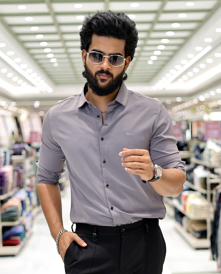 Grey Solid Poly-Blended Formal Shirt Features Full Sleeves, a Slim Fit, a Spread Collar, and Regular Length