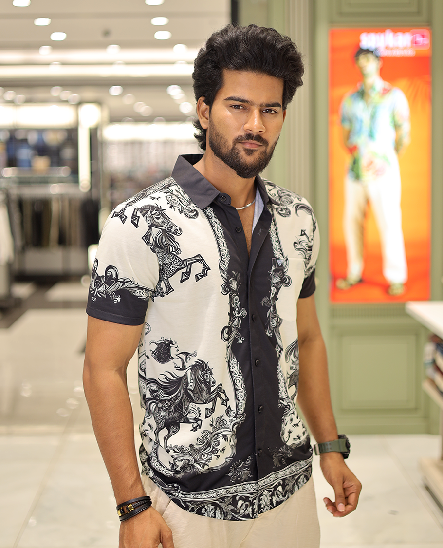White Cotton-Blended Casual Shirt, Features Man in Mask Riding the Horse Print, Half-Sleeves, Spread Collar, Regular Fit, and Regular Length
