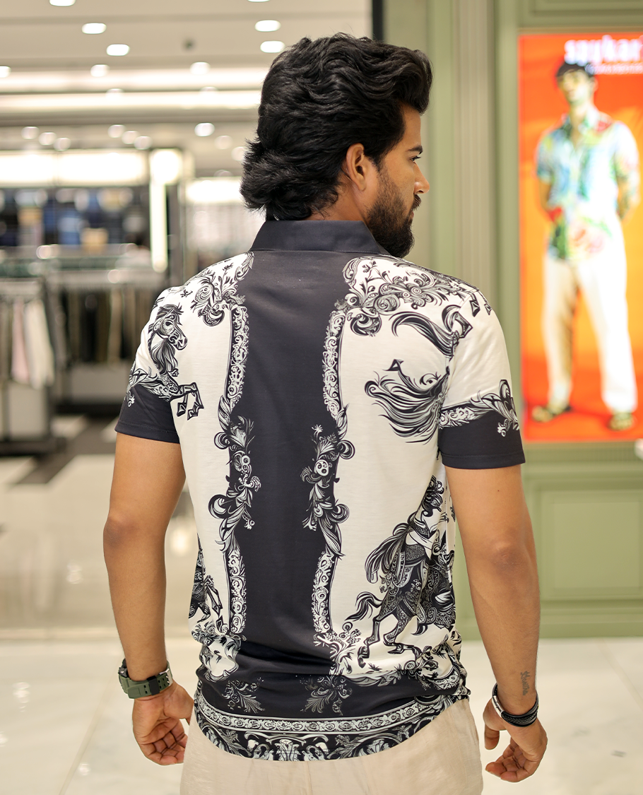 White Cotton-Blended Casual Shirt, Features Man in Mask Riding the Horse Print, Half-Sleeves, Spread Collar, Regular Fit, and Regular Length