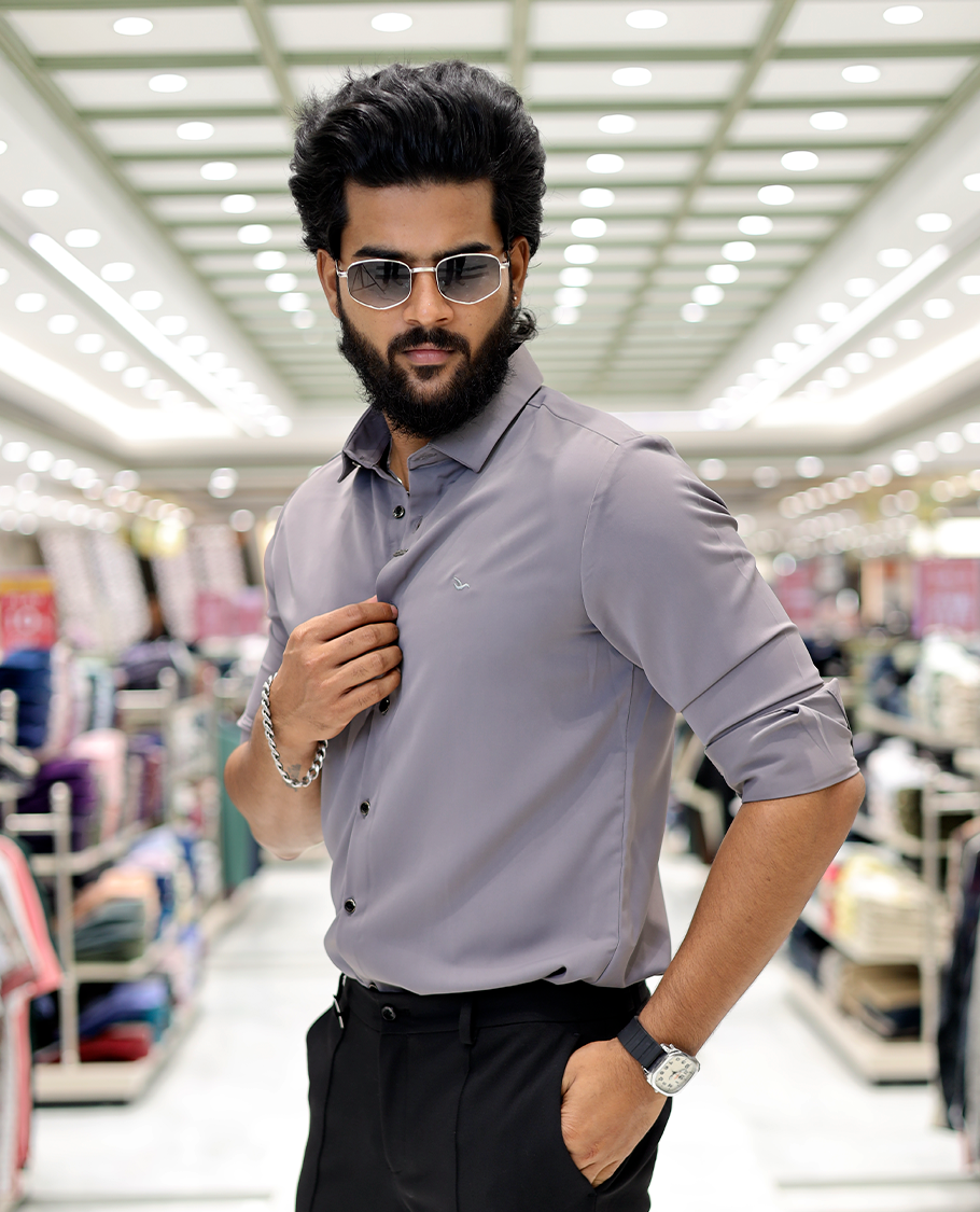 Grey Solid Poly-Blended Formal Shirt Features Full Sleeves, a Slim Fit, a Spread Collar, and Regular Length