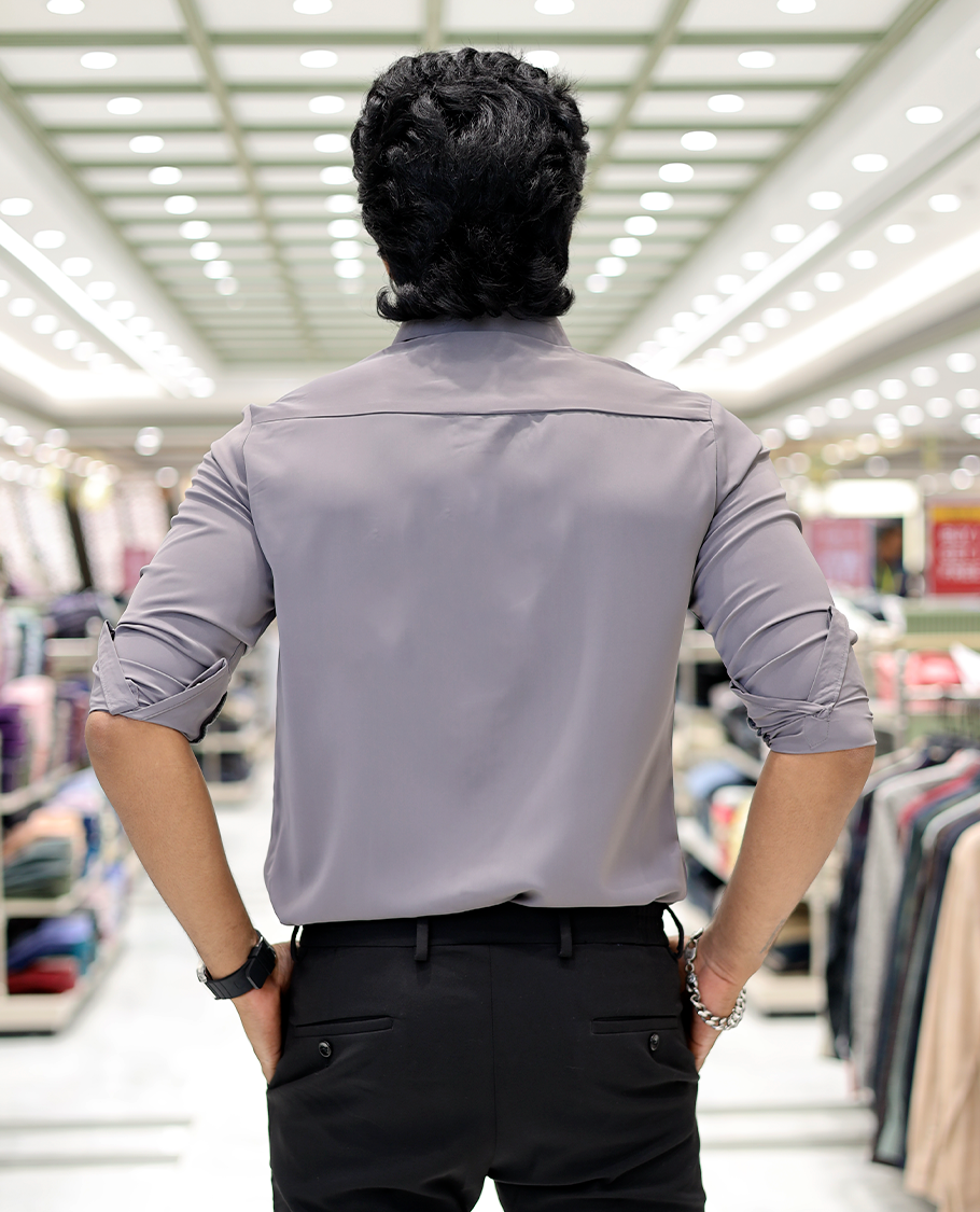 Grey Solid Poly-Blended Formal Shirt Features Full Sleeves, a Slim Fit, a Spread Collar, and Regular Length