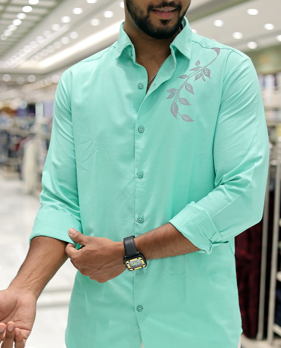 Green Cotton-Blended Party Wear Shirt, Comes with Floral Print, Full Sleeves, a Spread Collar, a Slim Fit, and Regular Length