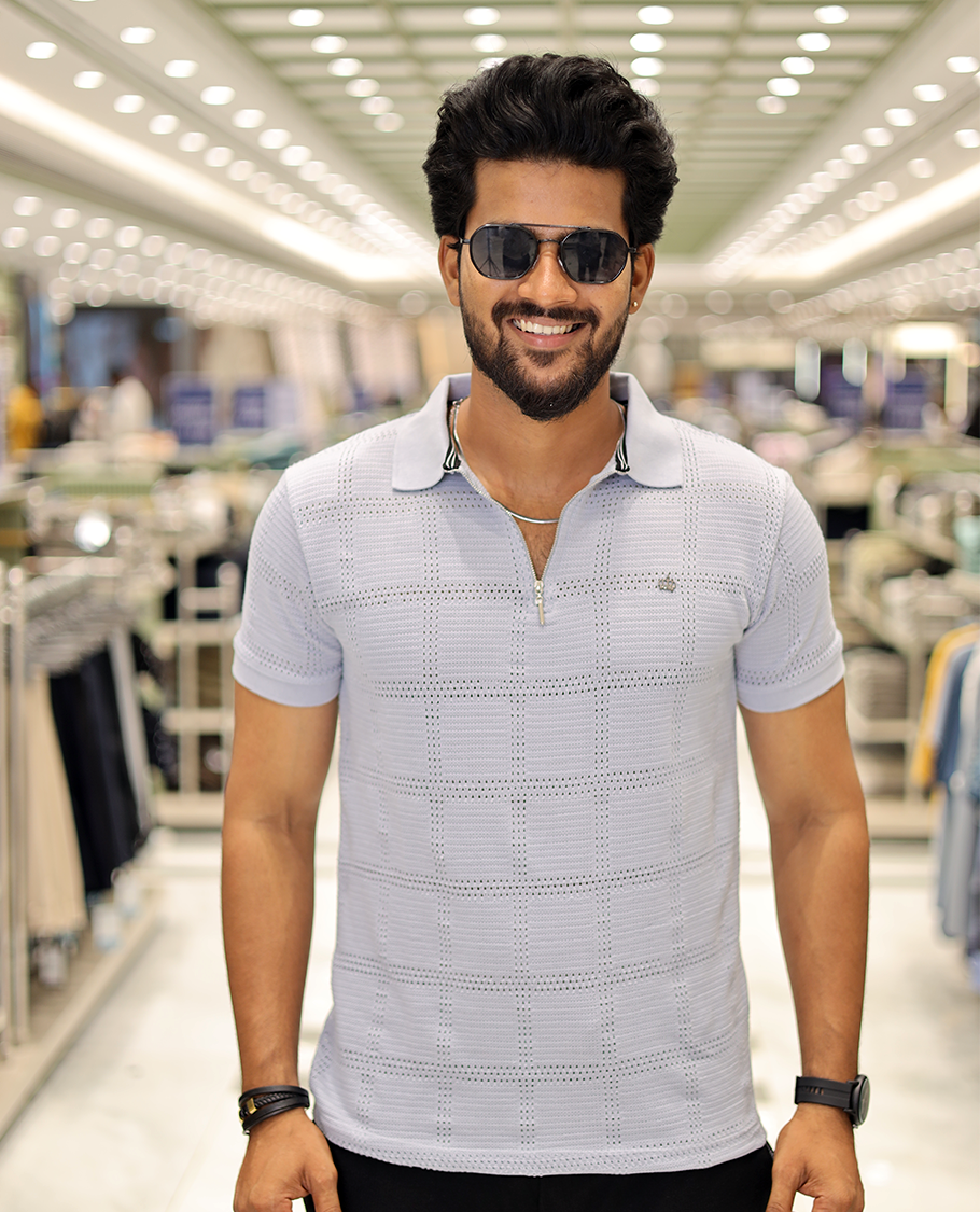 Grey Corduroy T-Shirt Comes with a Checked Texture, a Polo Neck, Half-Sleeves, a Slim Fit, and Regular Length