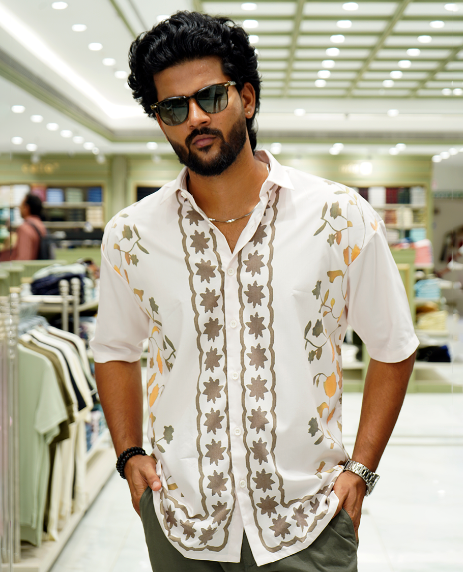 Cream Cotton-Blended Casual Shirt Features Floral Vine Print, Full Sleeves, a Spread Collar, a Slim Fit, and a Regular Length
