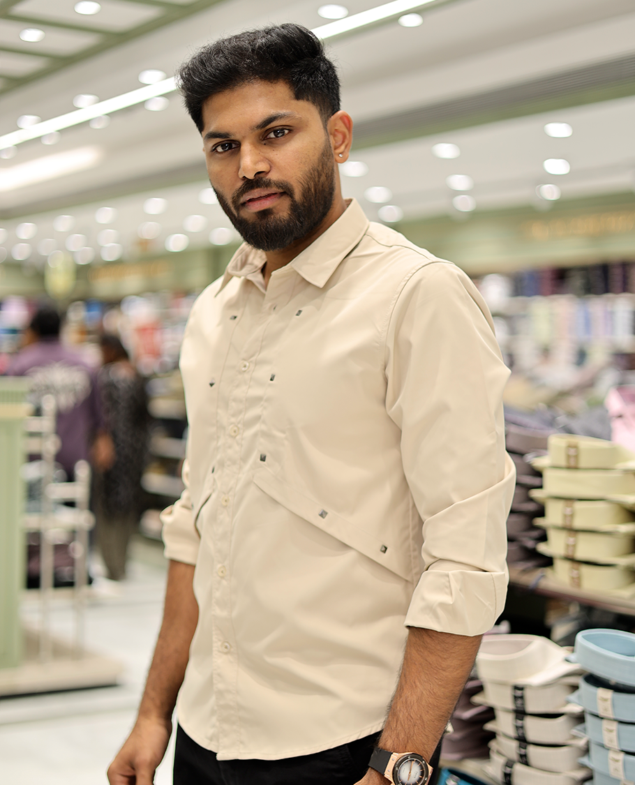 Cream Cotton-Blended Casual Shirt Features Life-Quotes Backprint, Full-Sleeves, a Spread Collar, a Regular Fit, and a Regular Length