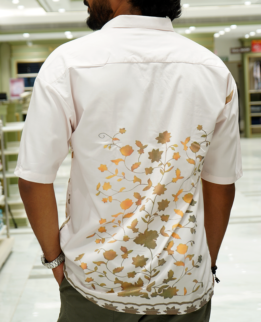 Cream Cotton-Blended Casual Shirt Features Floral Vine Print, Full Sleeves, a Spread Collar, a Slim Fit, and a Regular Length