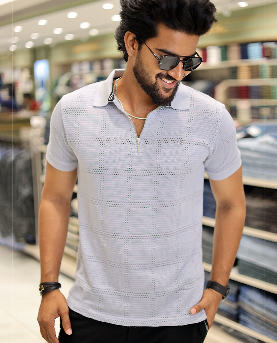 Grey Corduroy T-Shirt Comes with a Checked Texture, a Polo Neck, Half-Sleeves, a Slim Fit, and Regular Length