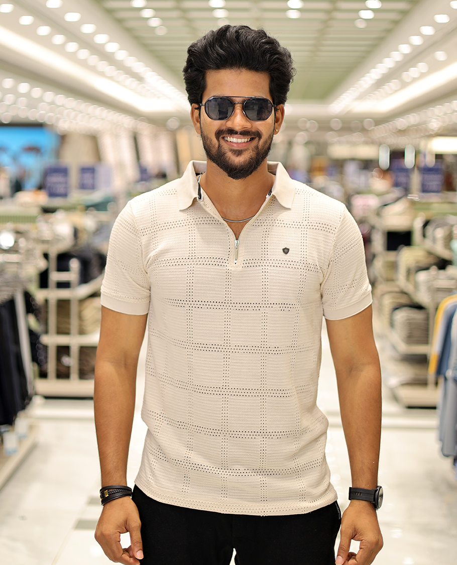 Cream Corduroy T-Shirt Comes with a Checked Texture, a Polo Neck, Half-Sleeves, a Slim Fit, and Regular Length