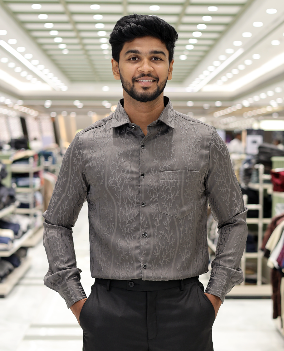 Grey Cotton-Blended Party Wear Shirt, Comes with Floral Vine Texture, Full Sleeves, a Spread Collar, a Slim Fit, and Regular Length