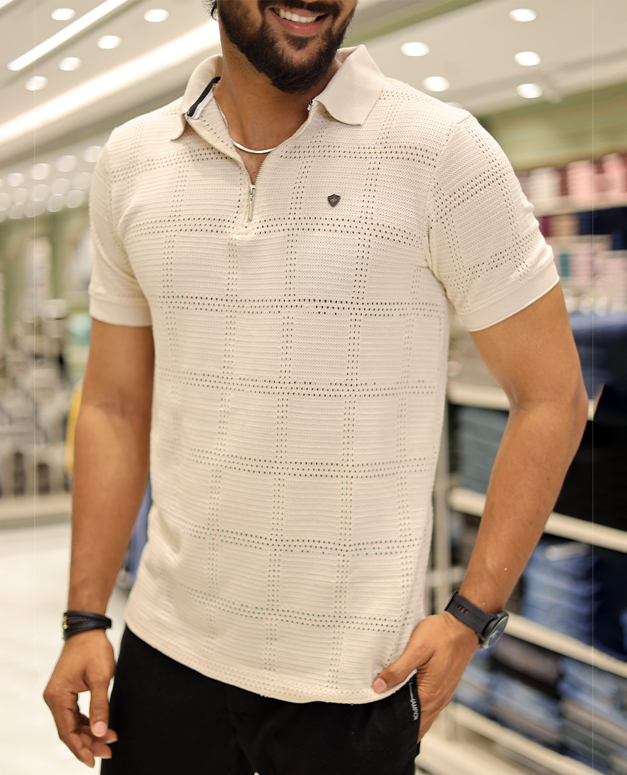 Cream Corduroy T-Shirt Comes with a Checked Texture, a Polo Neck, Half-Sleeves, a Slim Fit, and Regular Length