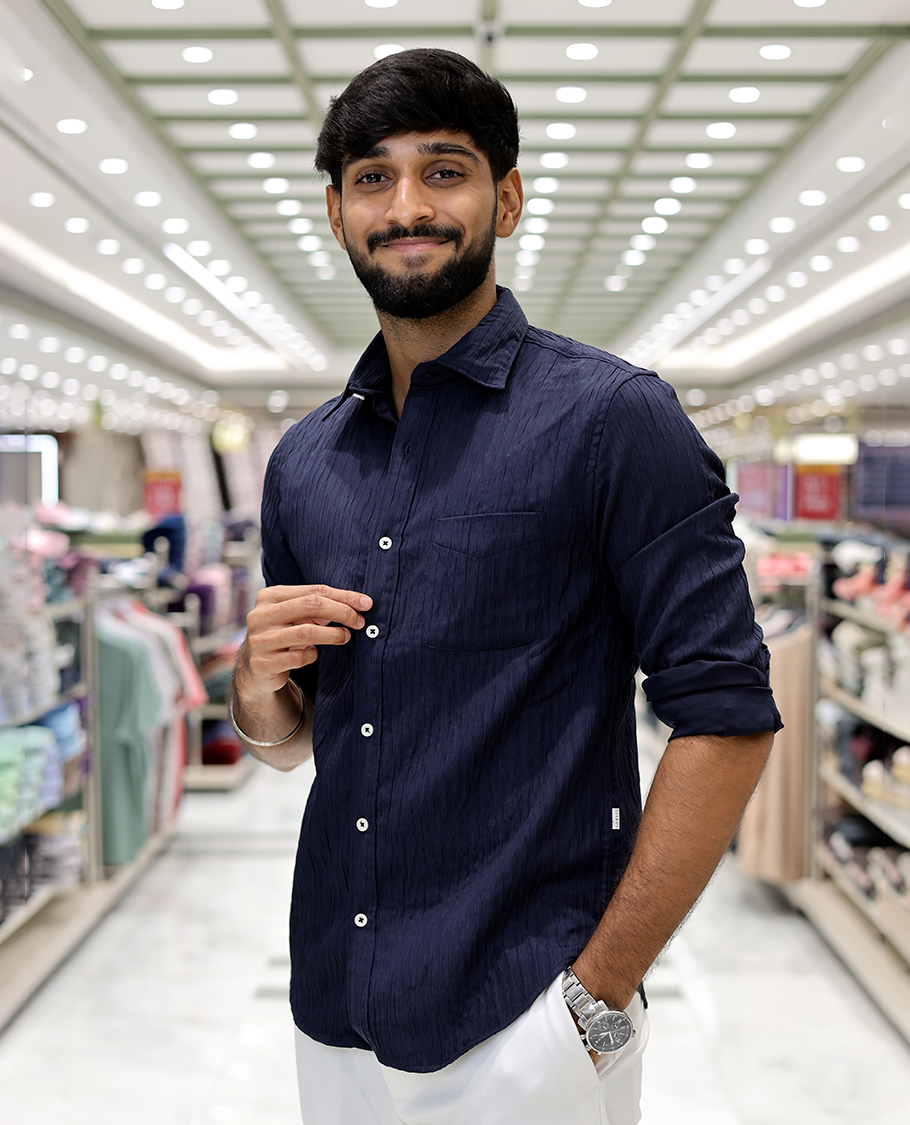 Navy Crushed Cotton-Blended Casual Shirt Features Full Sleeves, a Spread Collar, a Slim Fit, and Regular Length