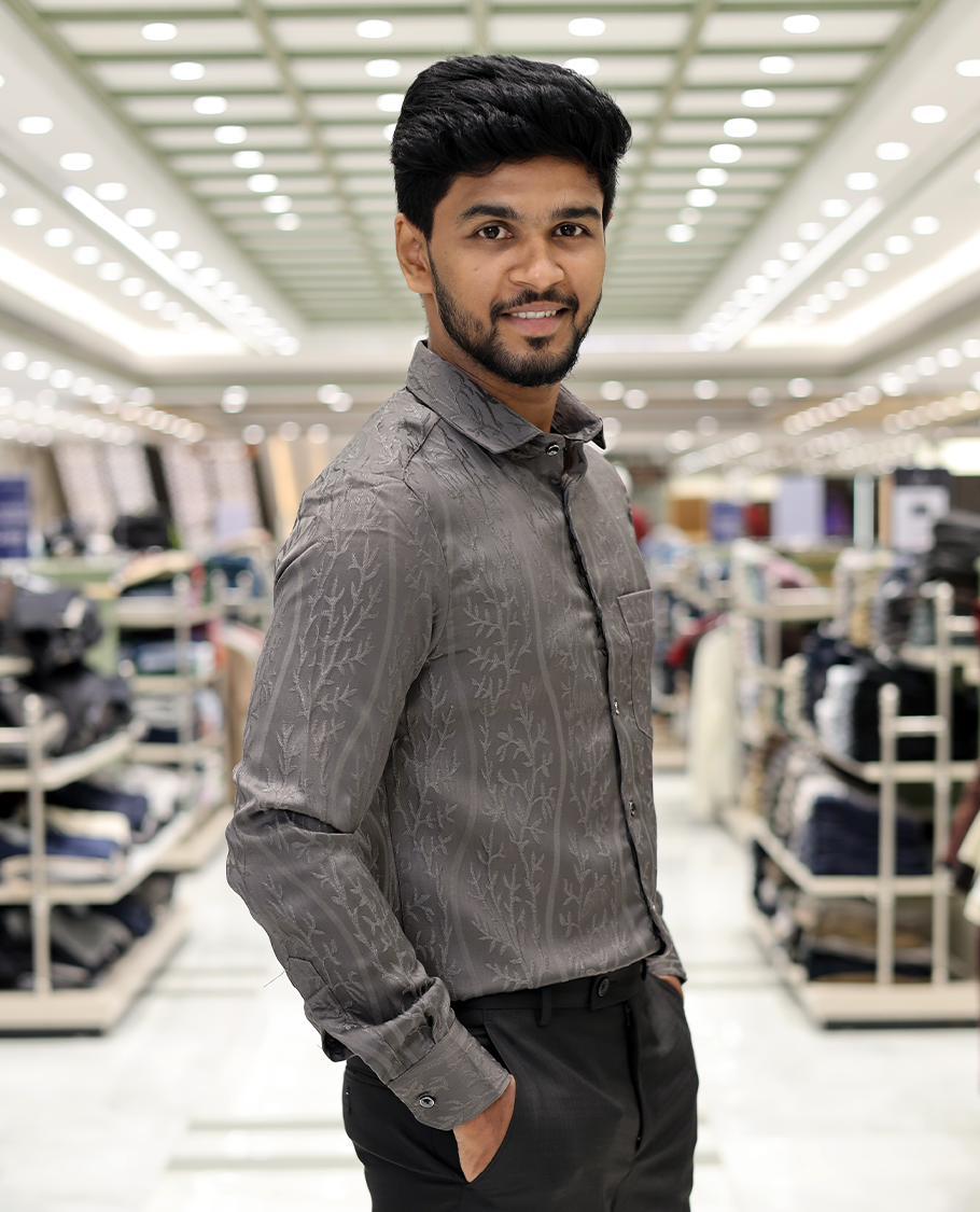 Grey Cotton-Blended Party Wear Shirt, Comes with Floral Vine Texture, Full Sleeves, a Spread Collar, a Slim Fit, and Regular Length
