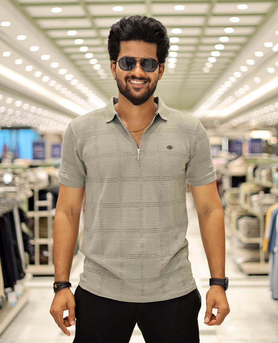 Green Corduroy T-Shirt Comes with a Checked Texture, a Polo Neck, Half-Sleeves, a Slim Fit, and Regular Length