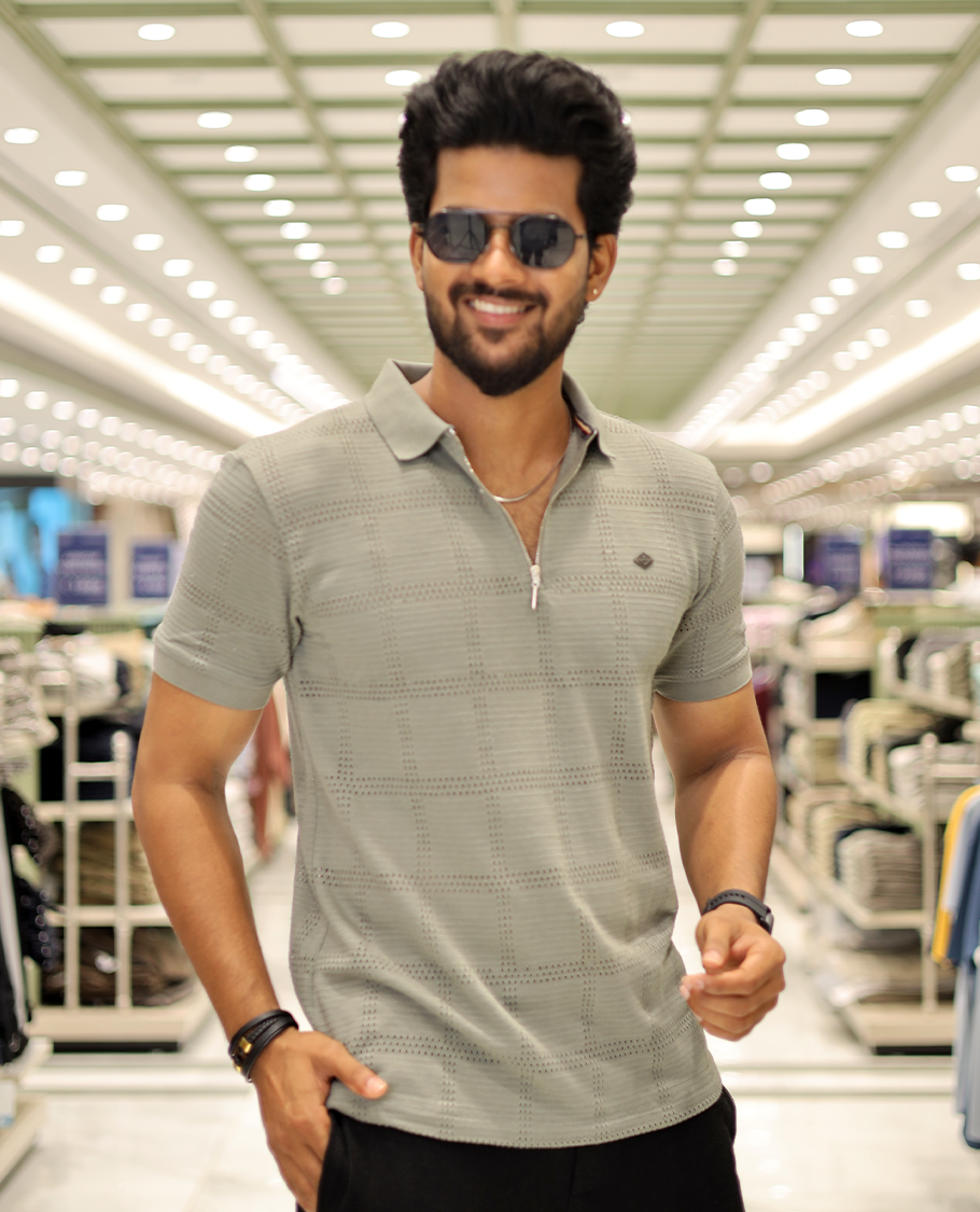 Green Corduroy T-Shirt Comes with a Checked Texture, a Polo Neck, Half-Sleeves, a Slim Fit, and Regular Length