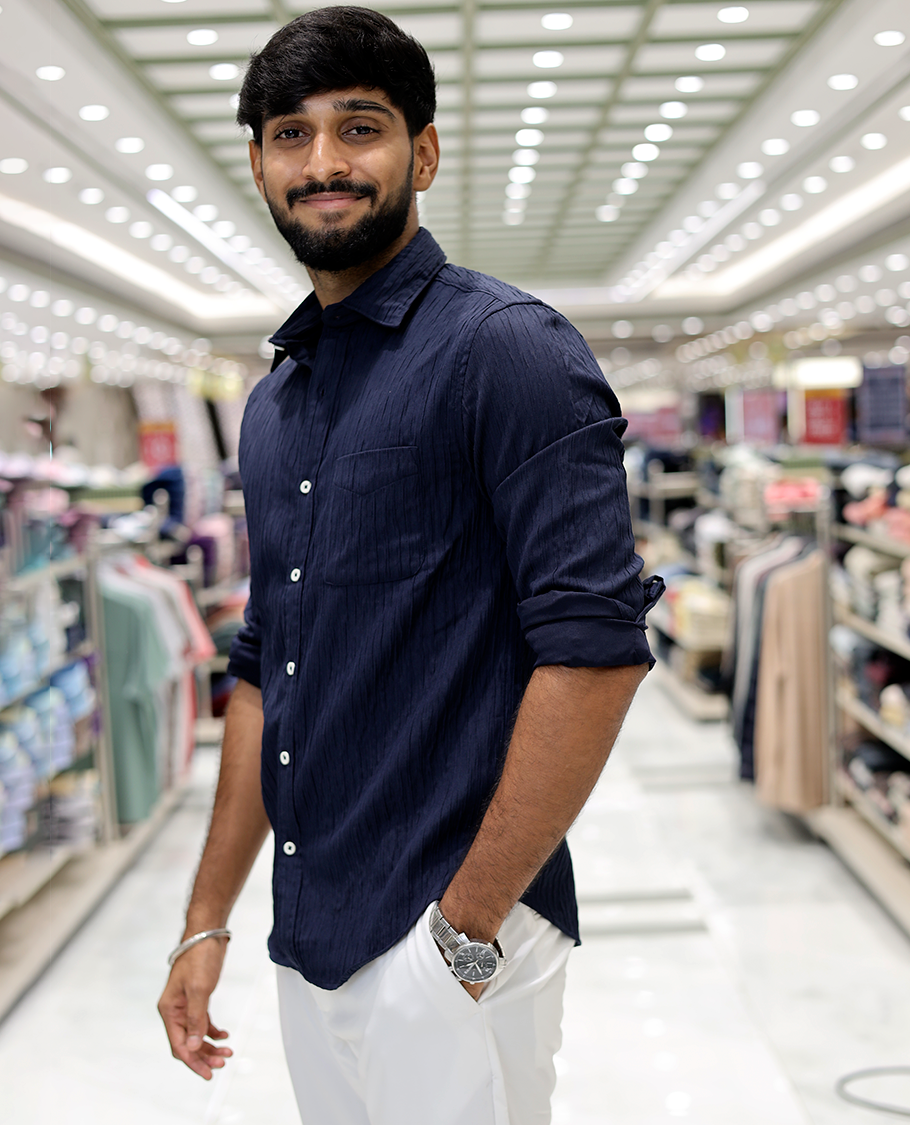 Navy Crushed Cotton-Blended Casual Shirt Features Full Sleeves, a Spread Collar, a Slim Fit, and Regular Length