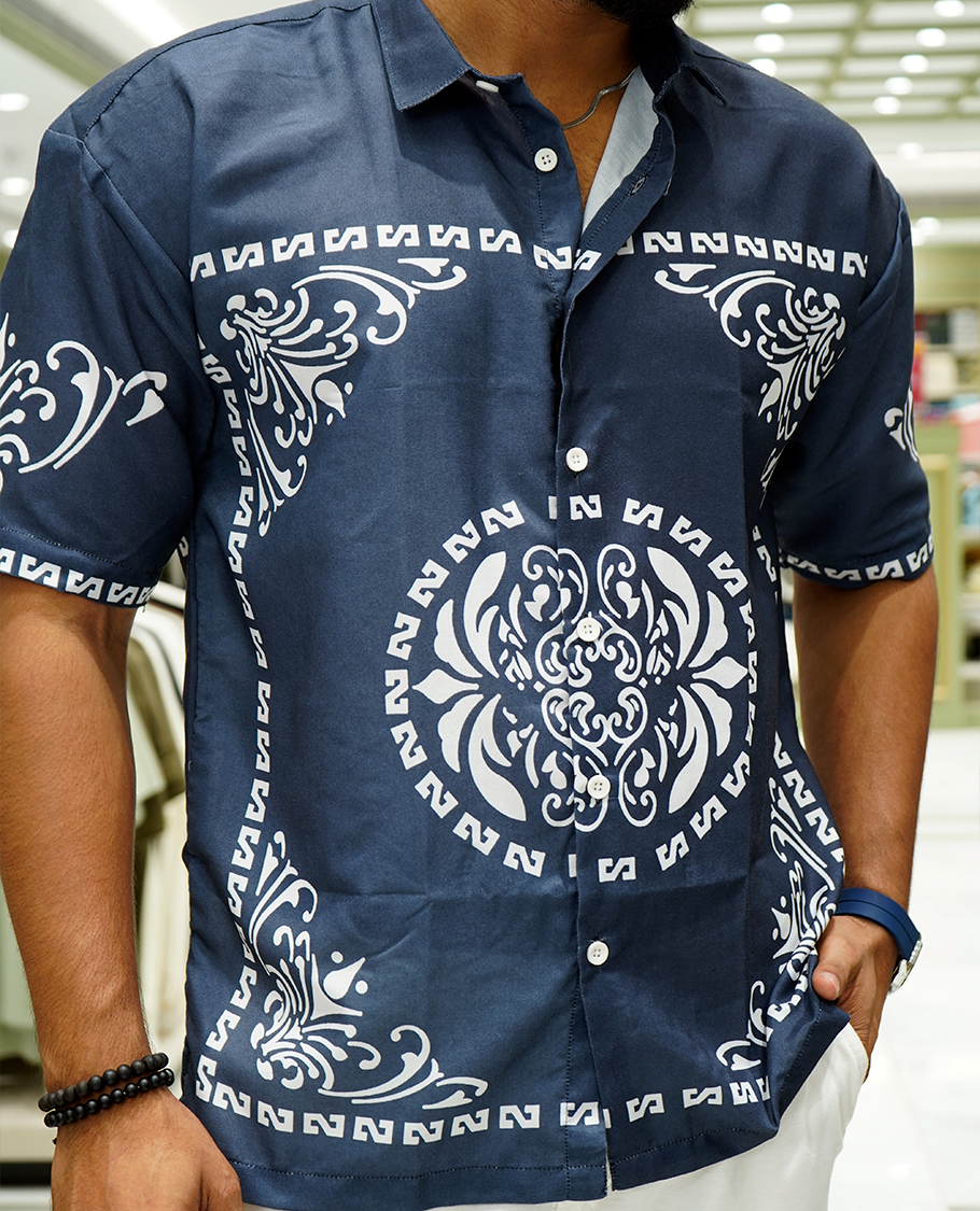 Blue Cotton-Blended Casual Shirt Features Contemporary Print, Full Sleeves, a Spread Collar, a Slim Fit, and a Regular Length