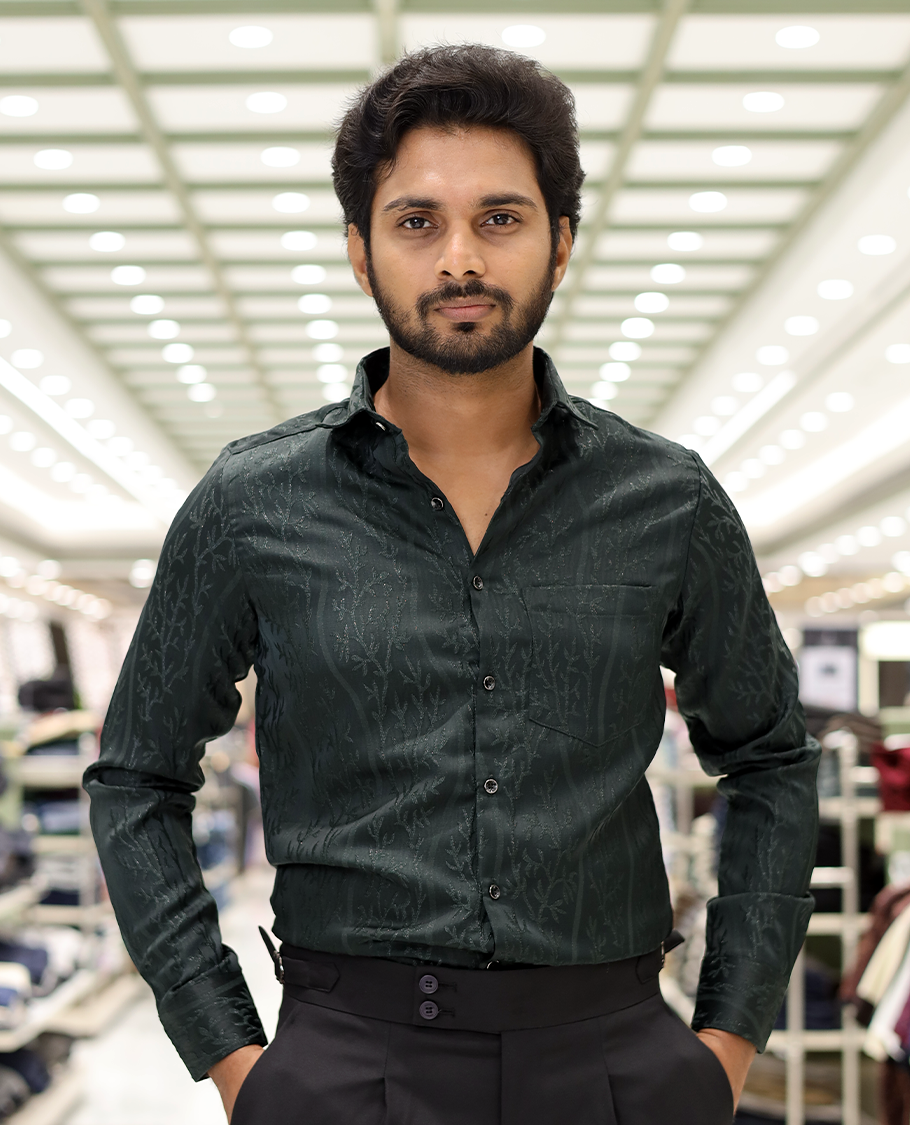 Green Cotton-Blended Party Wear Shirt, Comes with Floral Vine Texture, Full Sleeves, a Spread Collar, a Slim Fit, and Regular Length