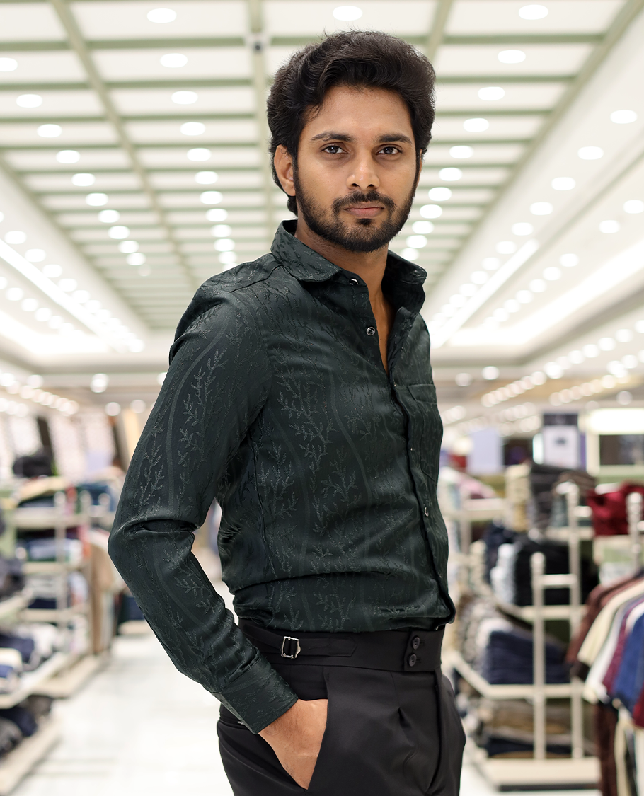 Green Cotton-Blended Party Wear Shirt, Comes with Floral Vine Texture, Full Sleeves, a Spread Collar, a Slim Fit, and Regular Length