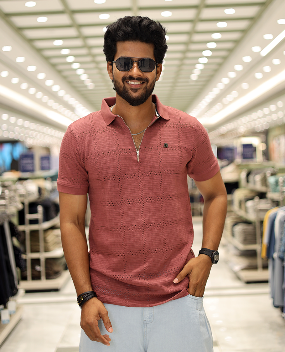 Red Corduroy T-Shirt Comes with a Checked Texture, a Polo Neck, Half-Sleeves, a Slim Fit, and Regular Length