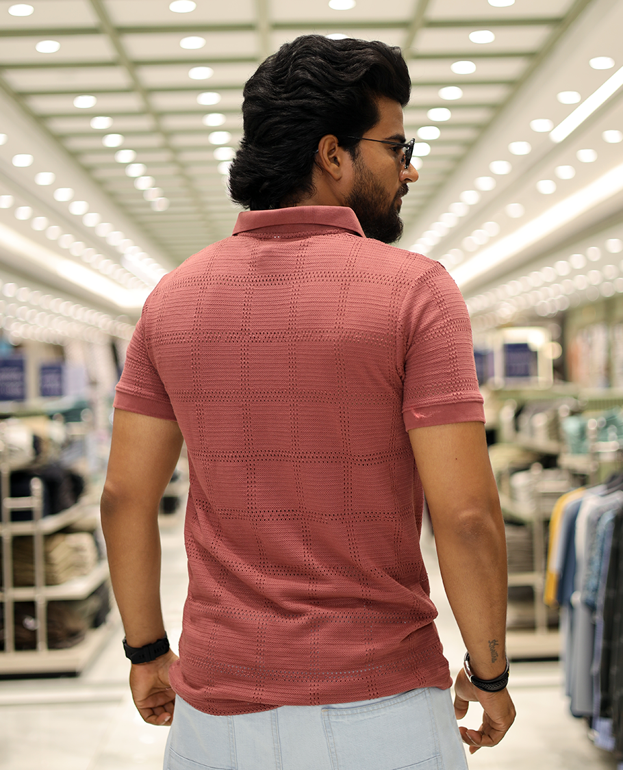 Red Corduroy T-Shirt Comes with a Checked Texture, a Polo Neck, Half-Sleeves, a Slim Fit, and Regular Length