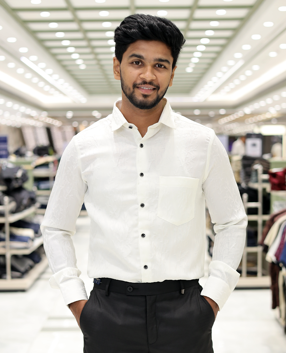White Cotton-Blended Party Wear Shirt, Comes with Floral Vine Texture, Full Sleeves, a Spread Collar, a Slim Fit, and Regular Length