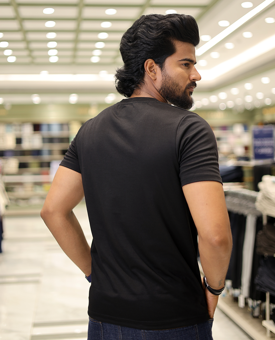 Black Cotton-Blended T-Shirt Comes with Floral Embroidered Motifs, Half-Sleeves, a Crew Neck, a Slim Fit, and Regular Length