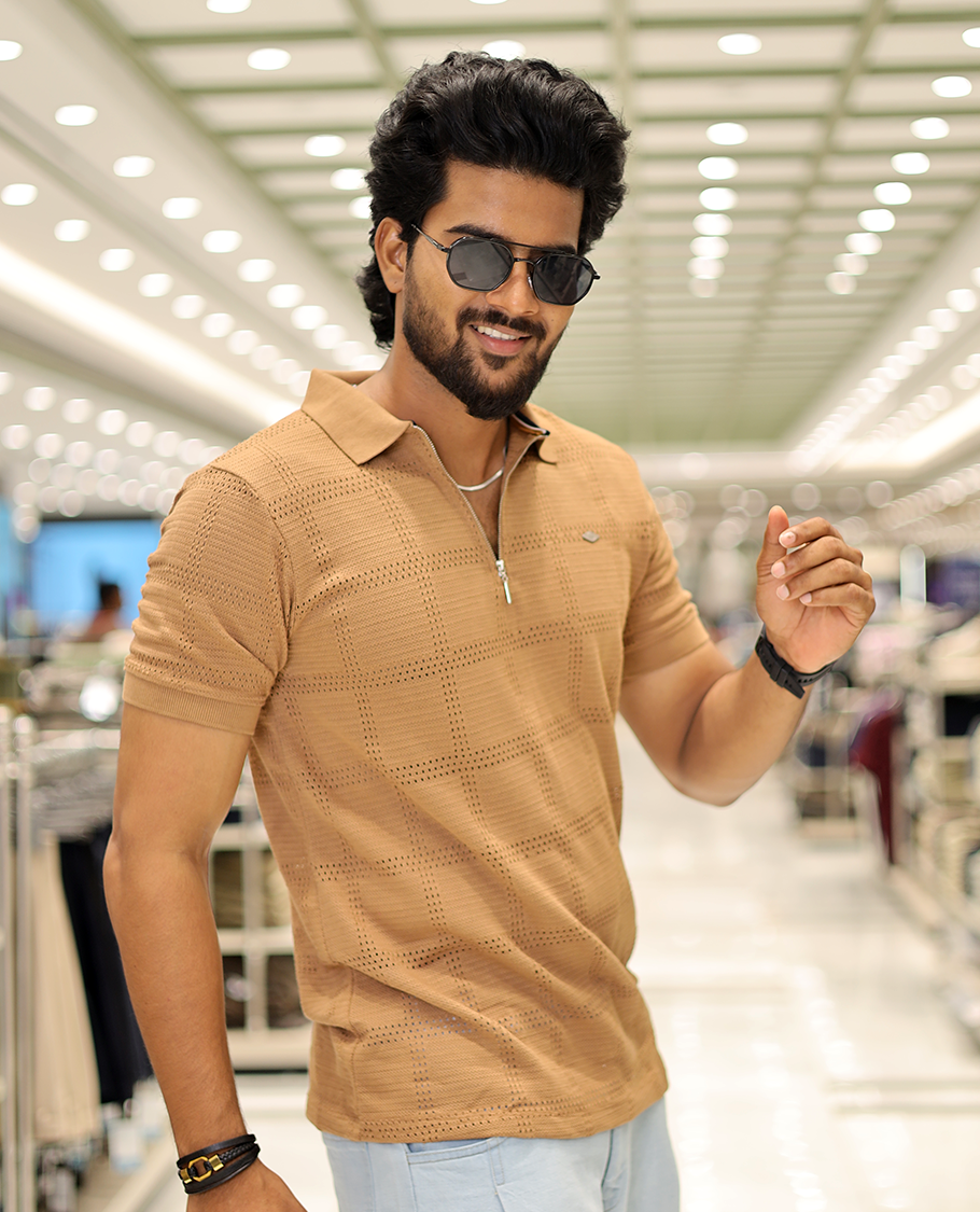 Khaki Corduroy T-Shirt Comes with a Checked Texture, a Polo Neck, Half-Sleeves, a Slim Fit, and Regular Length