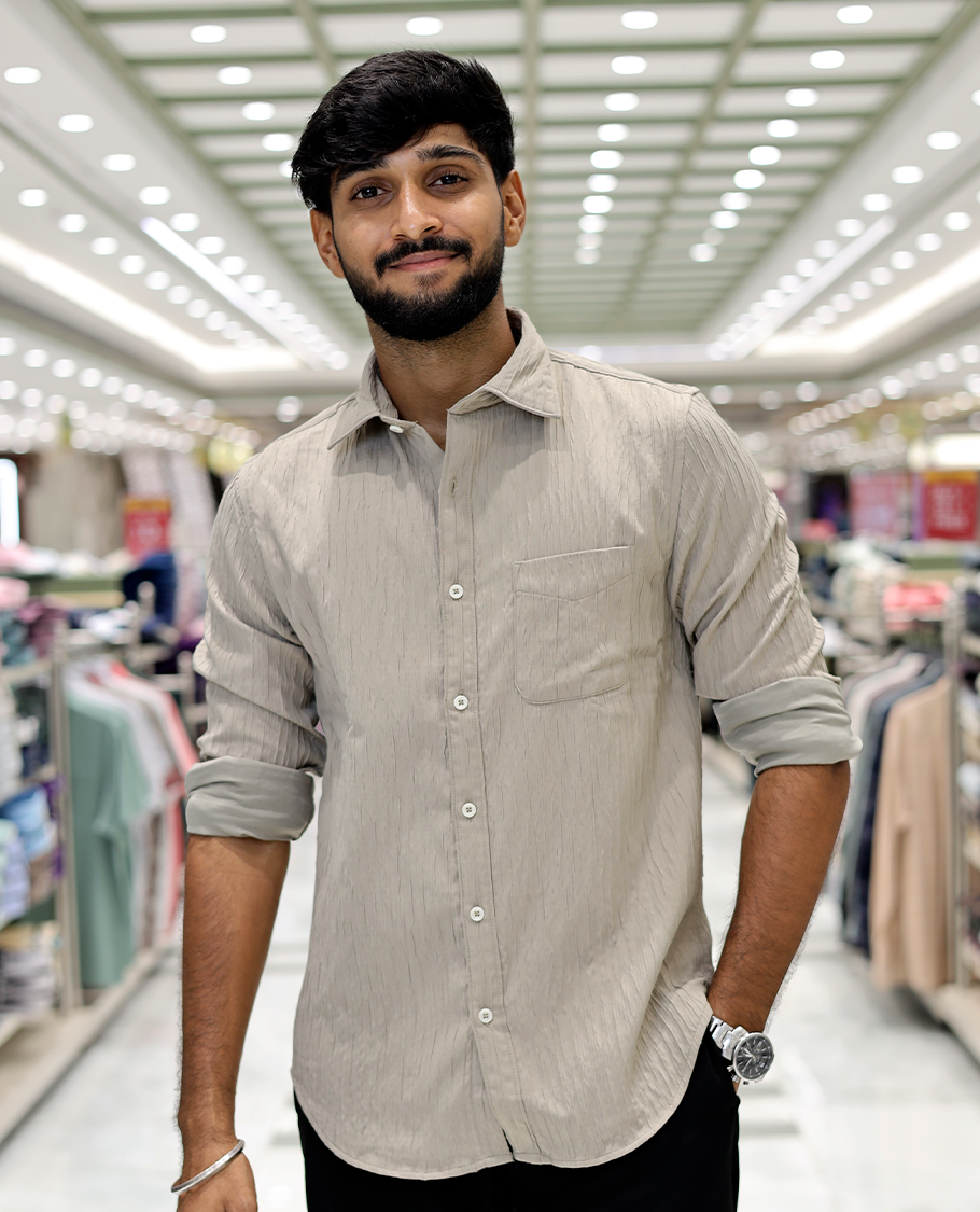 Beige Crushed Cotton-Blended Casual Shirt Features Full Sleeves, a Spread Collar, a Slim Fit, and Regular Length