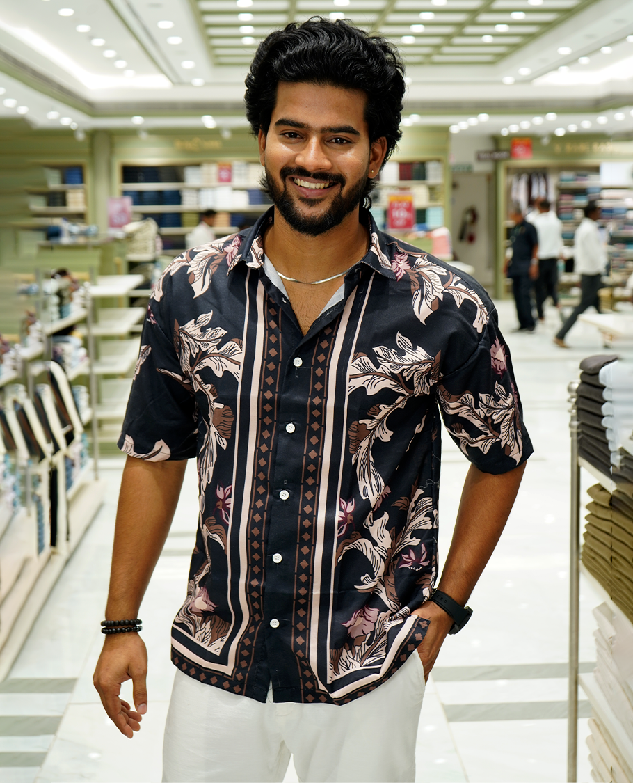 Blue Cotton-Blended Casual Shirt Features Intricate Floral Print, Full Sleeves, a Spread Collar, a Slim Fit, and a Regular Length