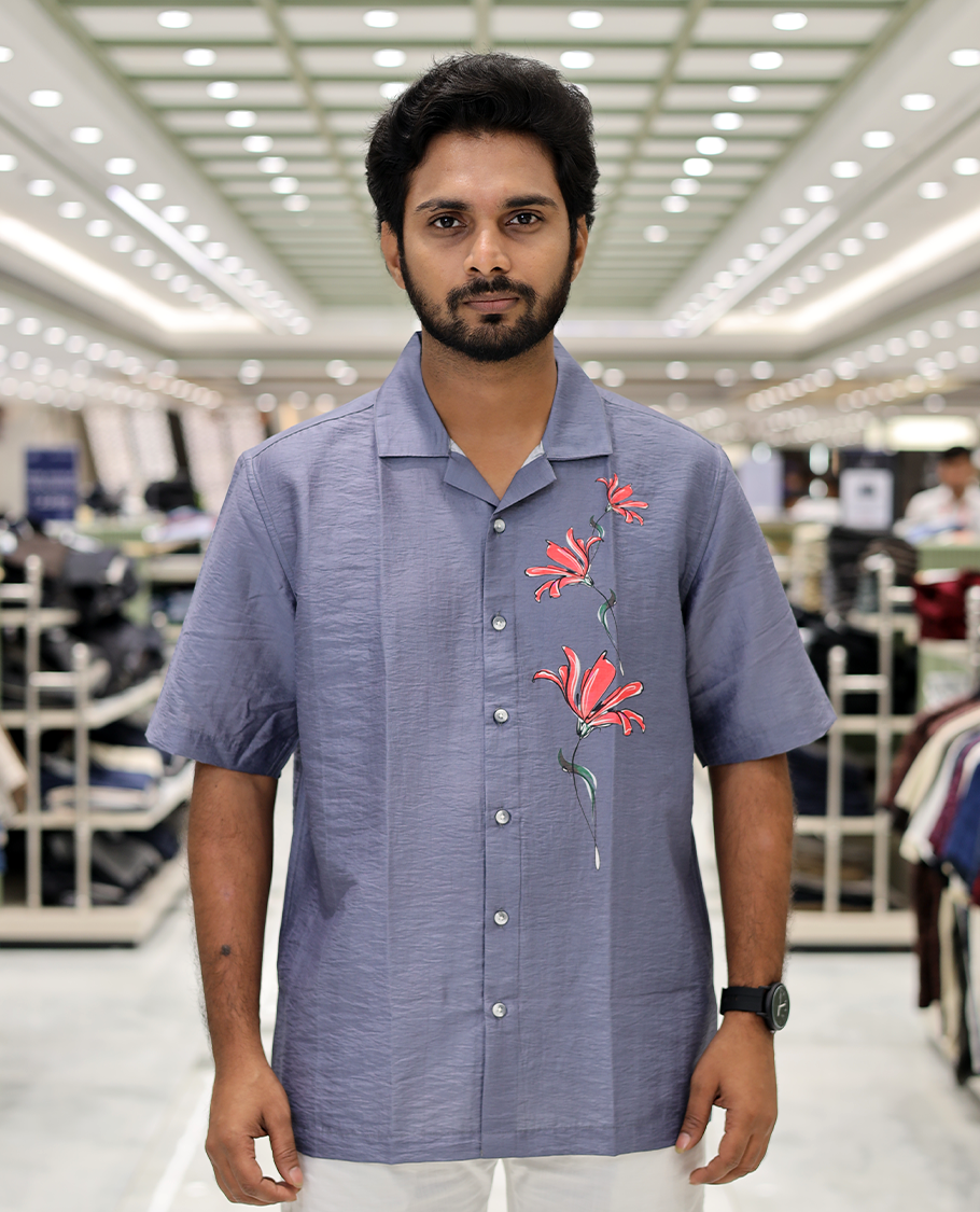 Grey Poly-Blended Causal Shirt, Comes with Floral Print, Half Sleeves, a Cuban Collar, a Boxy Fit, and Regular Length