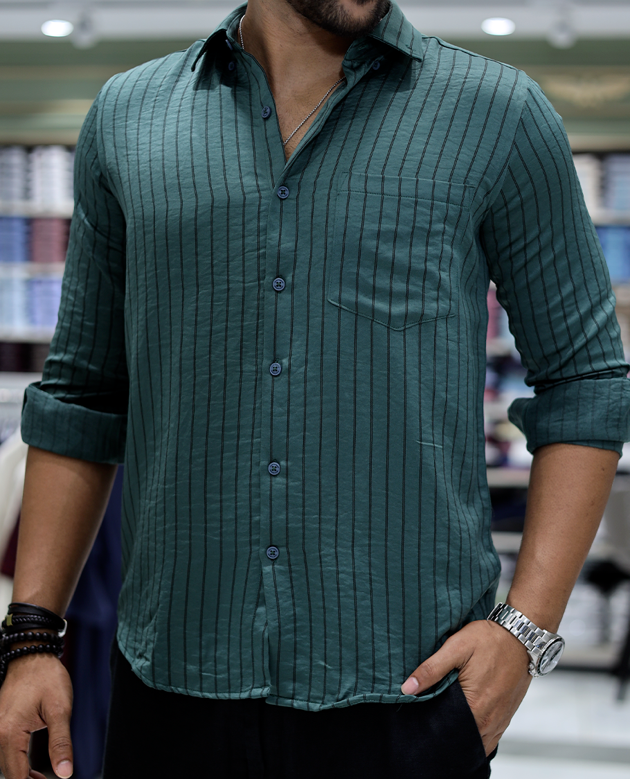 Green Striped Poly-Blended Formal Shirt Comes with Full Sleeves, a Spread Collar, a Slim Fit, and a Regular Length