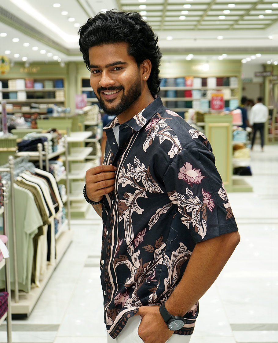 Blue Cotton-Blended Casual Shirt Features Intricate Floral Print, Full Sleeves, a Spread Collar, a Slim Fit, and a Regular Length