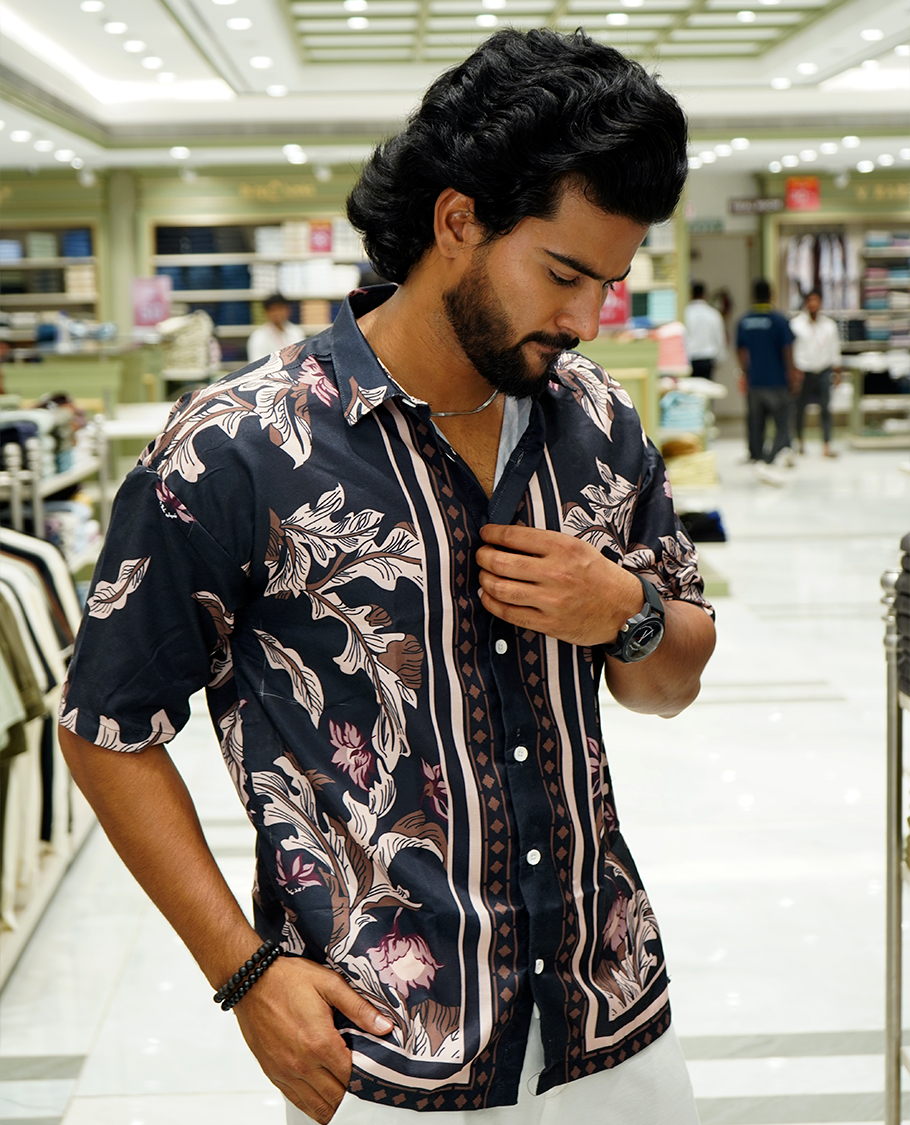 Blue Cotton-Blended Casual Shirt Features Intricate Floral Print, Full Sleeves, a Spread Collar, a Slim Fit, and a Regular Length