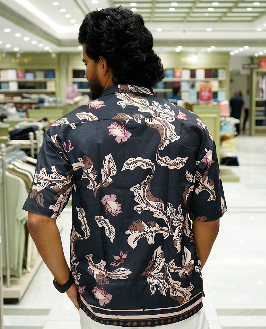 Blue Cotton-Blended Casual Shirt Features Intricate Floral Print, Full Sleeves, a Spread Collar, a Slim Fit, and a Regular Length