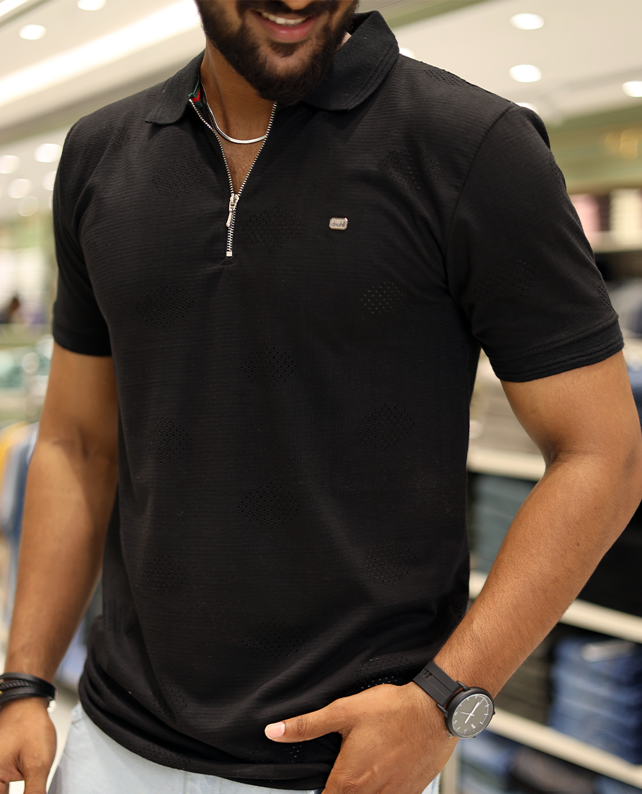 Black Textured Cotton-Blended Laser-Cut T-Shirt Comes with Half-Sleeves, a Polo Neck, a Slim Fit, and Regular Length